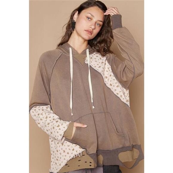 POL Floral Patchwork Distressed Drawstring Hoodie - Picture 1 of 5